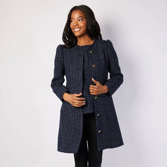 Current Season! Brand New Sail to Sable Navy Metallic Tweed Button Front Coat, M - Picture 3 of 7